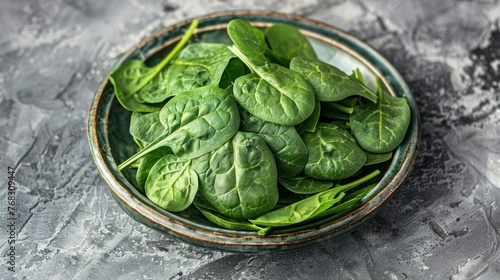 Top view fresh spinach green vegetable leaves on dark plate on slate table background. AI generated