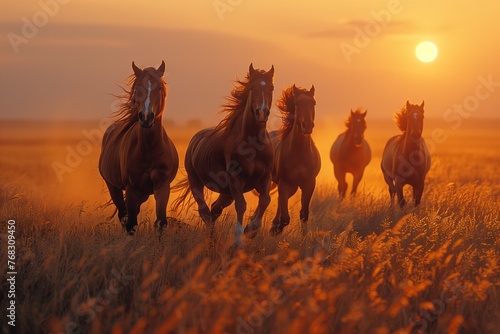 Herd of wild horses galloping in golden field at sunset, with dramatic lighting and dust