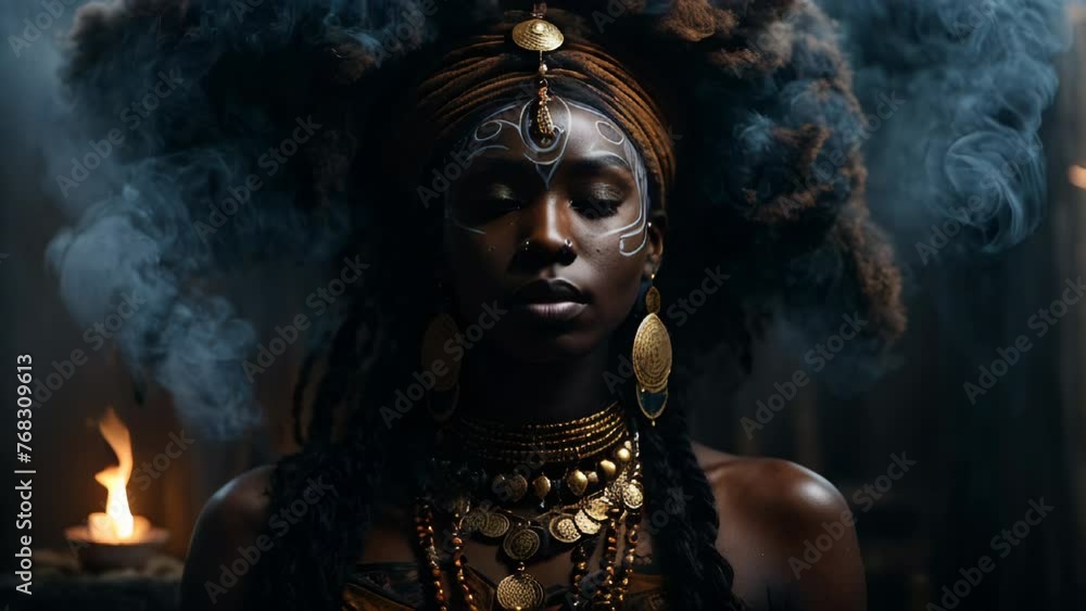 Voodoo sorceress in seance candle smoke around hat Voodoo sorceress in seance candle smoke around hat