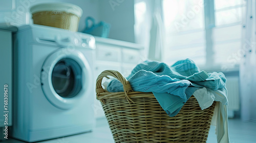 Basket with clothes in laundry room with washing machine on background.
