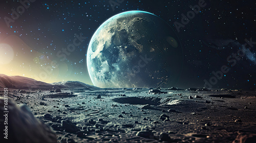 Space shutter on the moon on the surface of the planet  moon with perspective and planet earth globe in the background for astronomy concept as a wide banner.