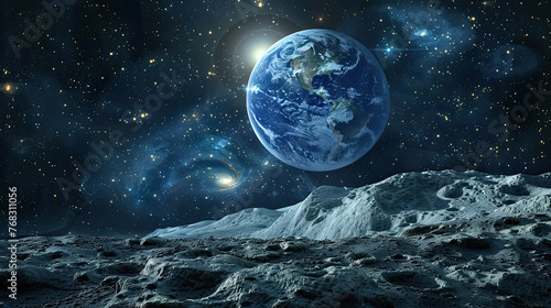 Space shutter on the moon on the surface of the planet  moon with perspective and planet earth globe in the background for astronomy concept as a wide banner.