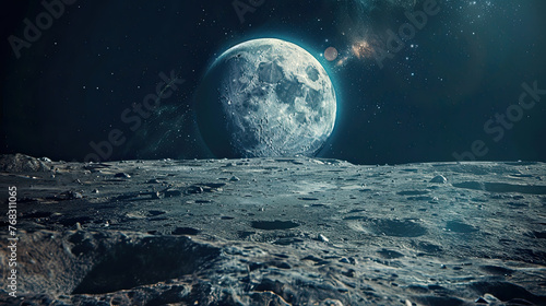 Space shutter on the moon on the surface of the planet  moon with perspective and planet earth globe in the background for astronomy concept as a wide banner.
