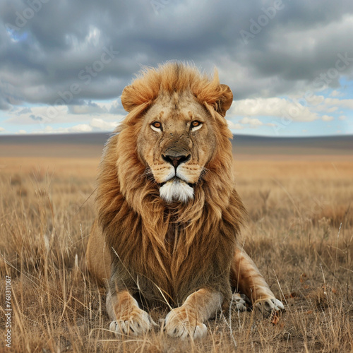 a single majestic lion in the wild, captured in a moment of calm dignity 