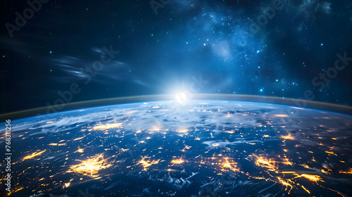 earth from space, glowing city lights on the horizon, atmospheric perspective, cinematic photography, epic, cinematic lighting, bright stars and constellations fill sky above earth at sunrise, epic, d