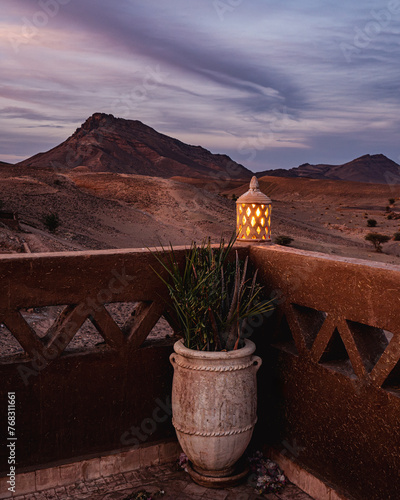 Sunset over the desert dunes in Zagora, Morocco.