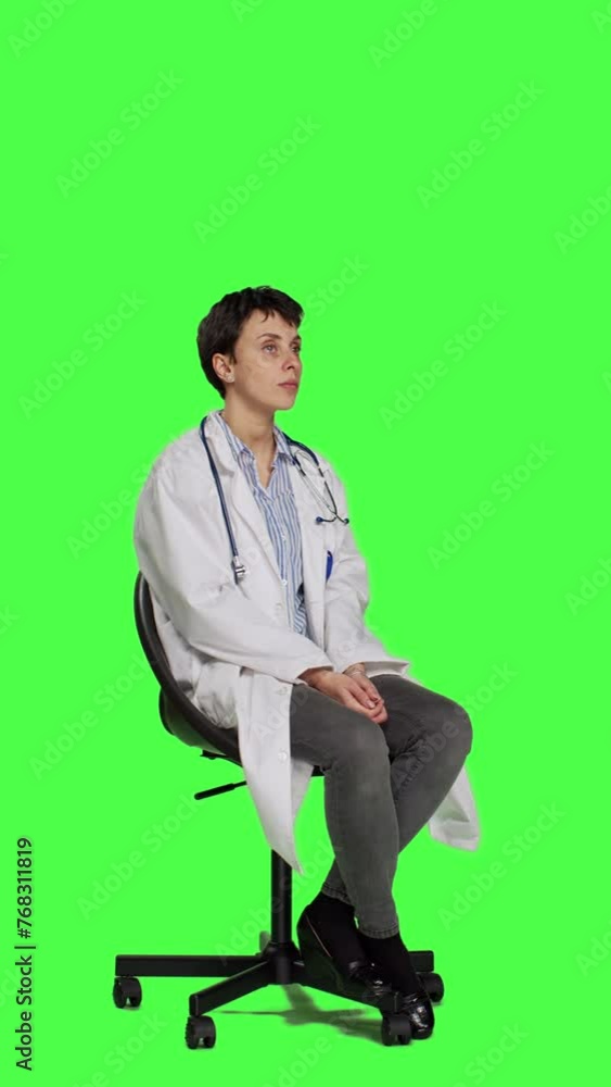 Side view Physician in white coat waiting for patients at consultations, feeling impatient sitting on a chair against greenscreen backdrop. Medic practitioner with stethoscope waits for people. Camera Side view Physician in white coat waiting for patients at consultations, feeling impatient sitting on a chair against greenscreen backdrop. Medic practitioner with stethoscope waits for people. Camera