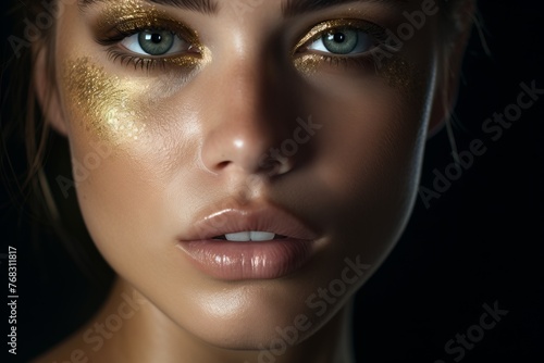 Beautiful, young glamorous face of a girl with blue eyes, golden, creative makeup with highlighting light on a black background photo