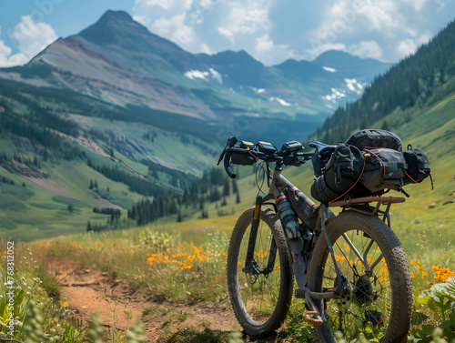 Bicycle with bikepacking gear with beautiful nature in the background
