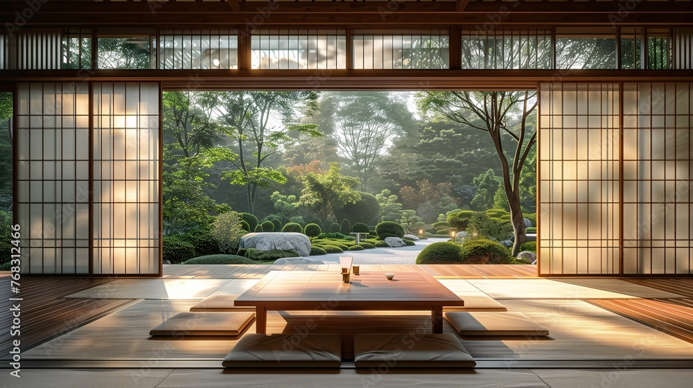Fototapeta premium Traditional Japanese Tea Room Overlooking Zen Garden at Sunset