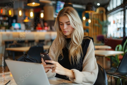 An attractive blonde woman is focused on her phone while seated in a modern café setting, exuding casual elegance photo