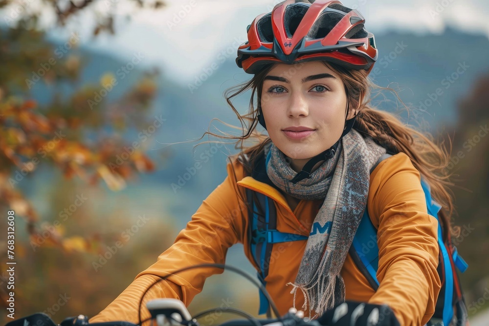 Young woman in a yellow jacket cycling during autumn, wearing a helmet and a scarf for a cool weather ride Young woman in a yellow jacket cycling during autumn, wearing a helmet and a scarf for a cool weather ride