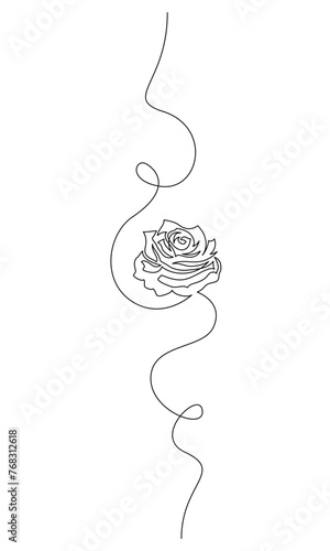 One continuous line drawing of Rose flower. Decorative peony blossom for floral tattoo in simple linear style. Plant pattern for wedding invitation in Editable stroke. Outline vector illustration