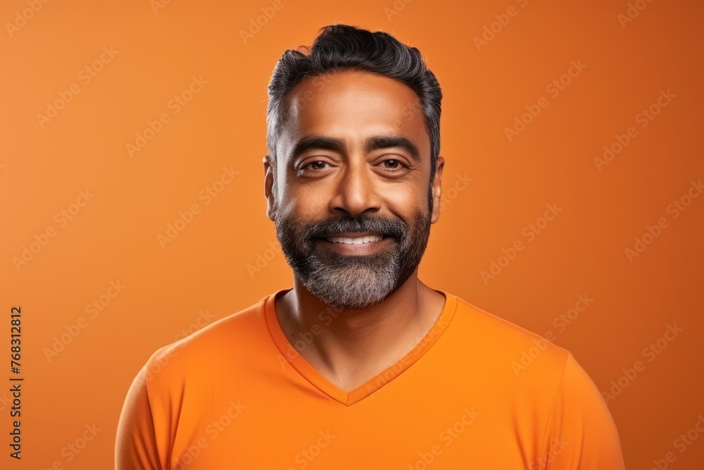 Portrait of handsome Indian man in orange t-shirt on orange background Portrait of handsome Indian man in orange t-shirt on orange background