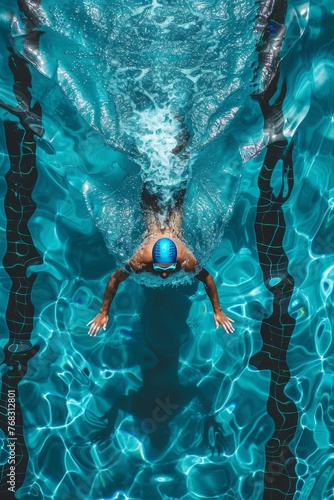 Swimmer in a shimmering blue cap, clear blue pool, aerial view