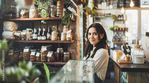 Woman Smiling Behind Counter at Organic Food Store photo