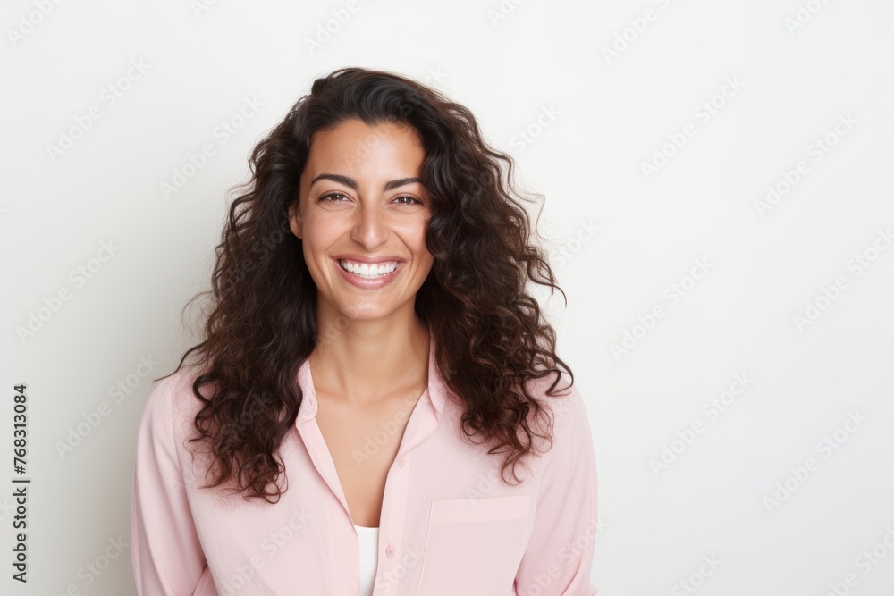 Portrait of a happy young businesswoman smiling at the camera while standing against white background Portrait of a happy young businesswoman smiling at the camera while standing against white background