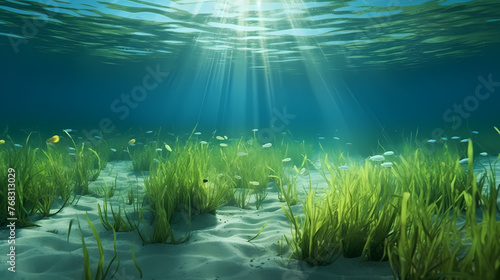 Sunlight shining through underwater landscape and seabed covered with green seaweed photo