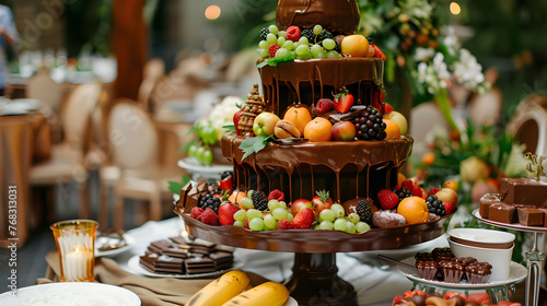 Chocolate Fountain And Fruits For Dessert At Wedding Table   © Alvin Harambašić