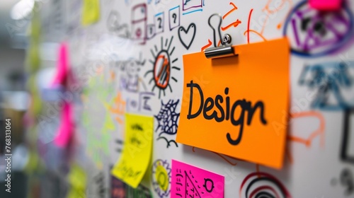 Scrum Agile business board with a sticky note with the word "Design"