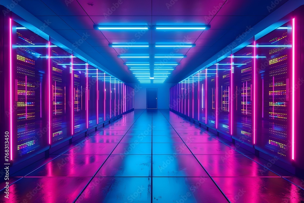 Vibrant neon lighting in a highcapacity data center illuminating rows of computing equipment for internet cloud services. Concept Data Center Lighting, Neon Technology, Cloud Computing Vibrant neon lighting in a highcapacity data center illuminating rows of computing equipment for internet cloud services. Concept Data Center Lighting, Neon Technology, Cloud Computing