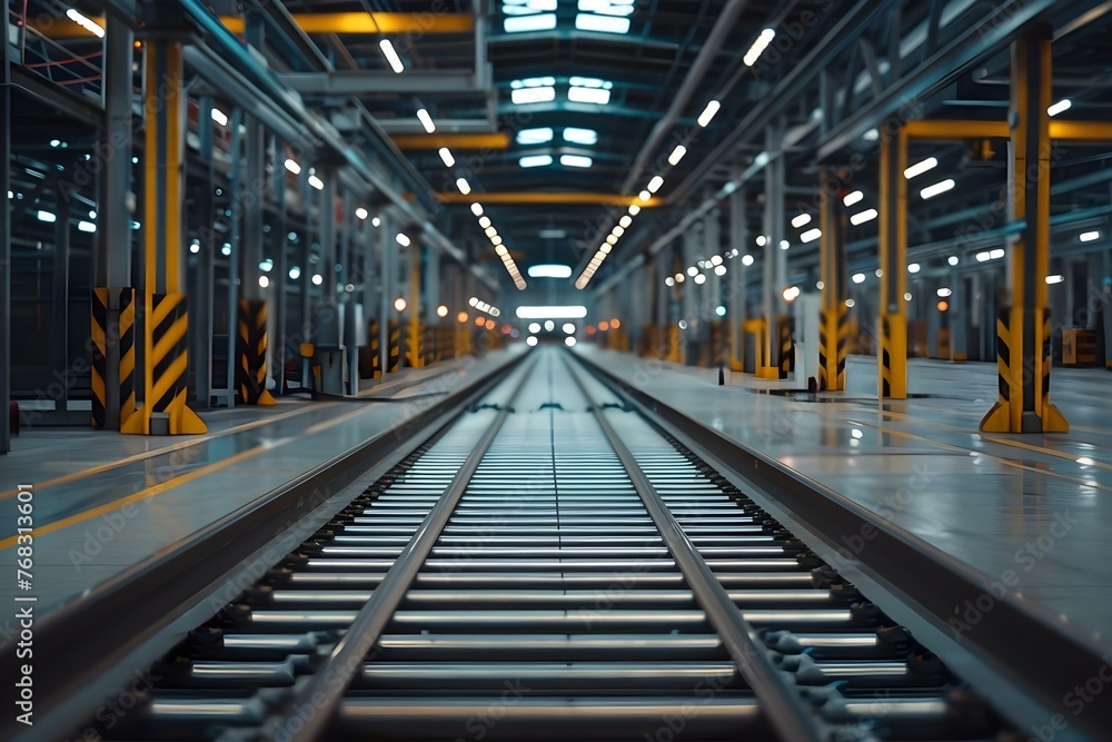 Empty factory floor with conveyor system symbolizing industrial capacity and readiness for production in automotive plant. Concept Industrial Capacity, Automotive Production, Empty Factory Floor