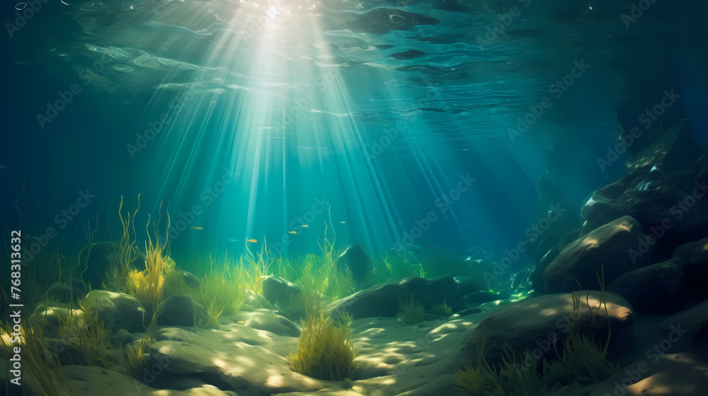 Fototapeta premium Sunlight shining through underwater landscape and seabed covered with green seaweed