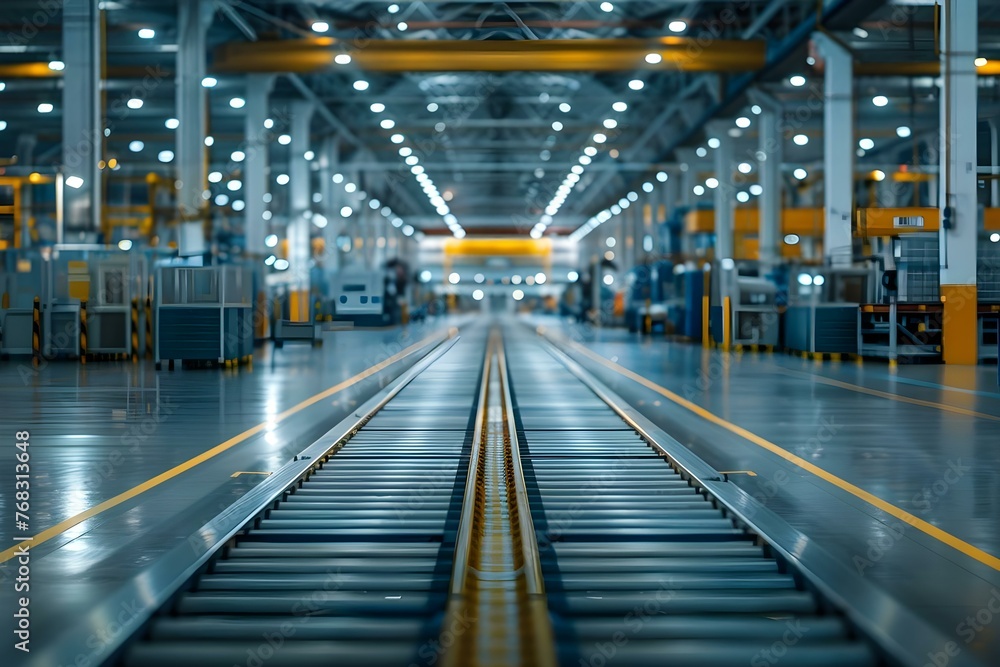 Symbolizing industrial capacity and readiness for production: An empty automotive plant with conveyor system. Concept Industrial Production, Automotive Manufacturing, Conveyor Systems, Empty Factory Symbolizing industrial capacity and readiness for production: An empty automotive plant with conveyor system. Concept Industrial Production, Automotive Manufacturing, Conveyor Systems, Empty Factory