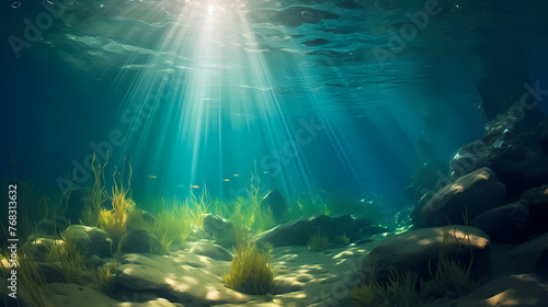 Sunlight shining through underwater landscape and seabed covered with green seaweed