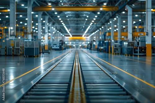 Symbolizing industrial capacity and readiness for production: An empty automotive plant with conveyor system. Concept Industrial Production, Automotive Manufacturing, Conveyor Systems, Empty Factory