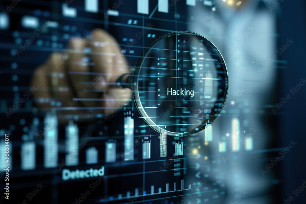 A person holds a magnifying glass with the word hacking written on it, symbolizing the act of analyzing and investigating. A person holds a magnifying glass with the word hacking written on it, symbolizing the act of analyzing and investigating.