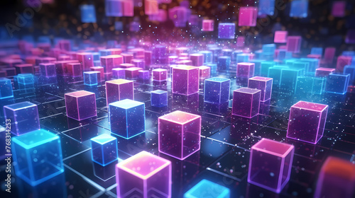 Colorful cubes, blockchain new technology transmission with digital background