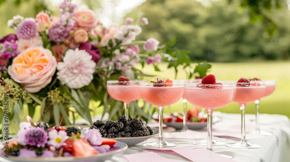 Sparkling cocktails in flutes, berries and sweets on a beautifully decorated festive table with bouquets of flowers