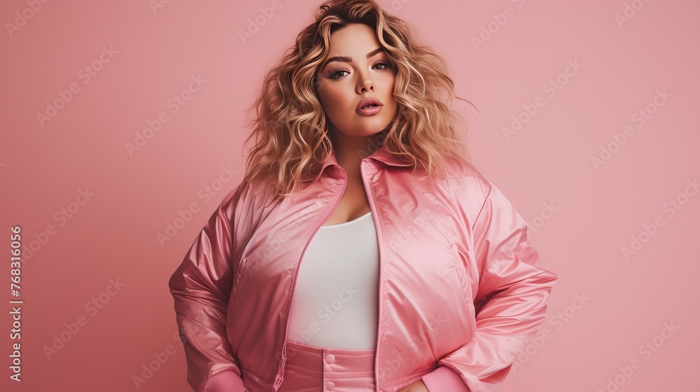 Confident Plus-Size Woman Poses Against Pink Background Confident Plus-Size Woman Poses Against Pink Background