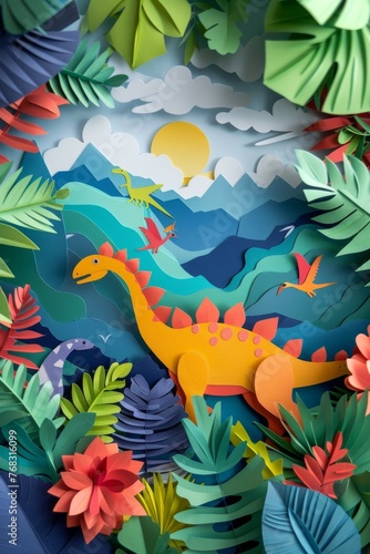 Paper cut dinosaurs colorful jungle minimalist style © Thann