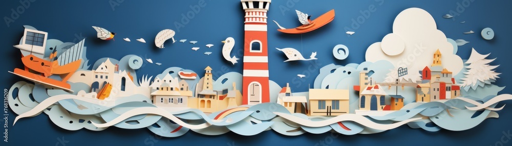 Fototapeta premium Paper cut lighthouse stormy sea dramatic sky minimal paper cut paper art minimal cute