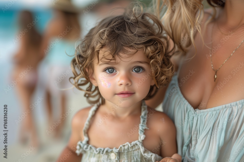 A blondhaired woman is holding a happy toddler girl on the beach. The little girl is smiling with joy as they enjoy a leisure day of fun in the sun at the beach event