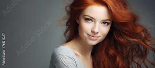 A woman with vibrant red hair is wearing a simple gray shirt, her features captured in a close-up shot