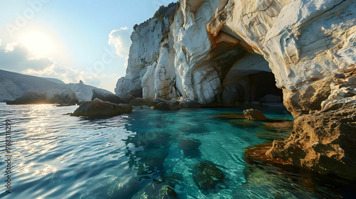 Kleftiko Bay, a scenic attraction with white volcanic rocks and caves Milos Island, Greece