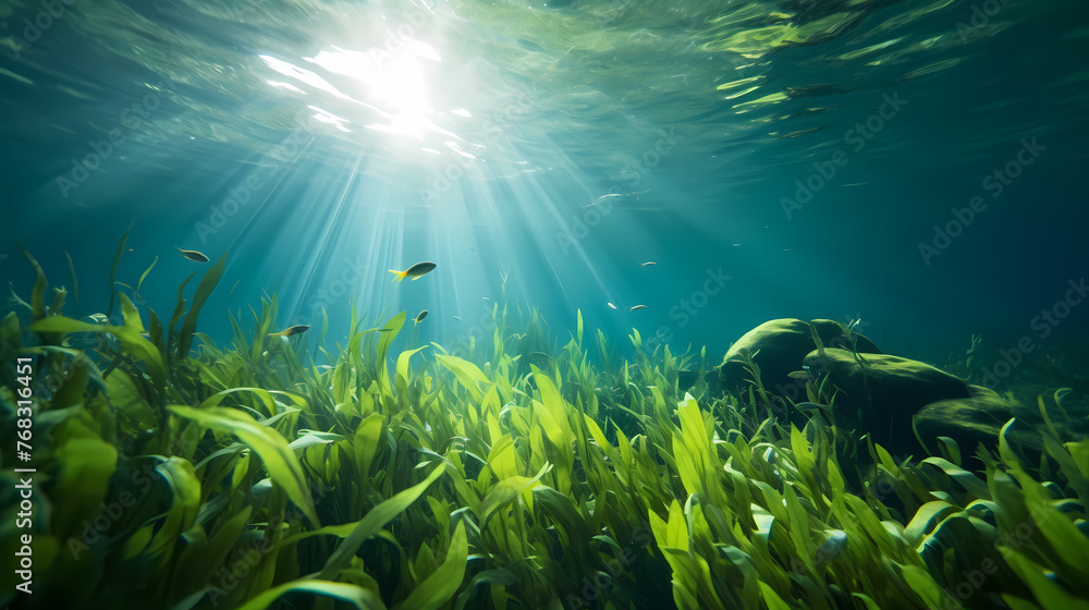 Fototapeta premium Green bright algae growing underwater