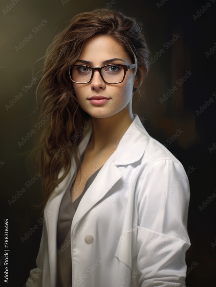 woman student scientist or doctor, wearing a white gown, standing. science and study. portrait one person woman student scientist or doctor, wearing a white gown, standing. science and study. portrait one person