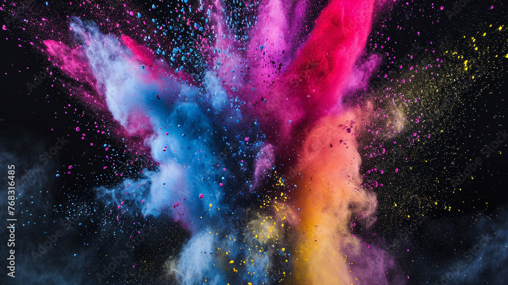 Explosion of colored powder on black background . Generative Ai - obrazy, fototapety, plakaty 