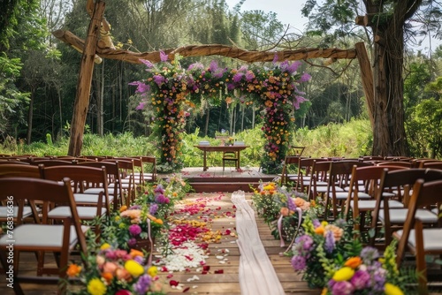 Exquisitely decorated floral archway on a serene forest path sets the stage for a wedding