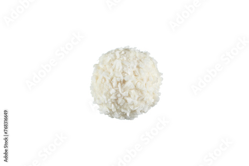 Round candy coated with coconut flakes on a white background.