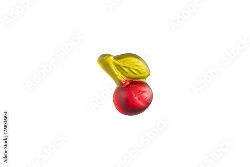 Marmalade in the shape of a cherry.
Jelly candy isolated on white background.
A cherry-shaped jelly candy displayed against a white backdrop.