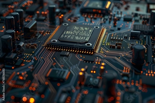 Closeup of a circuit board with various components symbolizing artificial intelligence and neurotechnology advancements in mental health. Concept Technology, Circuit Board, Artificial Intelligence
