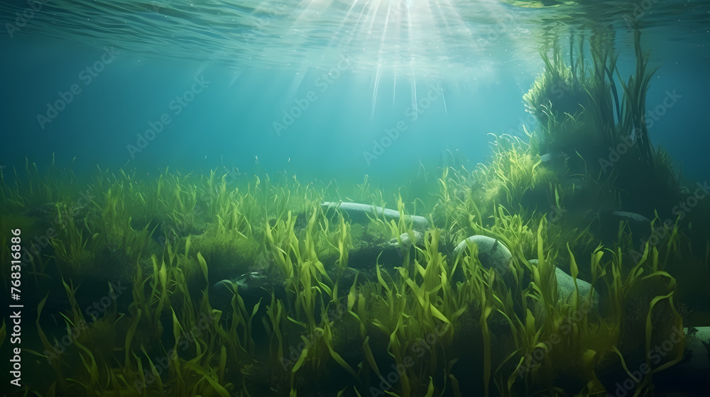 Obraz premium Green bright algae growing underwater