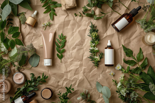 Flat Lay of Eco-Friendly Skincare Products Amidst Natural Greenery, background with copy space