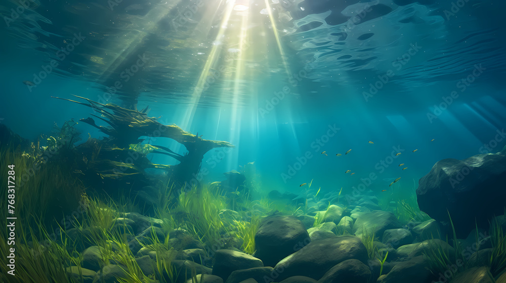 Fototapeta premium Green bright algae growing underwater