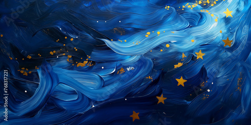 Starry Night Inspired Abstract Art with Swirling Blue Patterns and Golden Accents, European Union Concept, EU